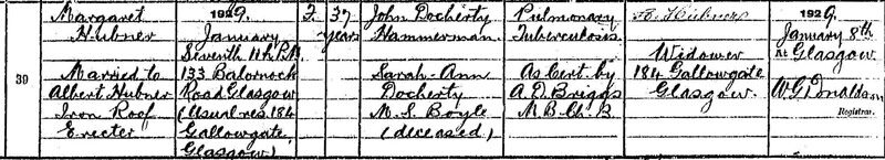 1929-01-17 DEA Margaret Hubener or Docharty wife of Albert Hubener, 133 Balornock Road, Glasgow [[N506-clip]]