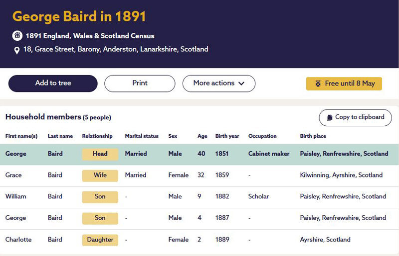 1891-04-05 CEN George Baird + Grace Aird 18 Grace Street, Barony, Anderston [[N509-clip]]