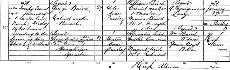 1879-01-27 MAR George Baird + Grace Aird, 1 Waterbrae, Paisley [[N510-clip]]