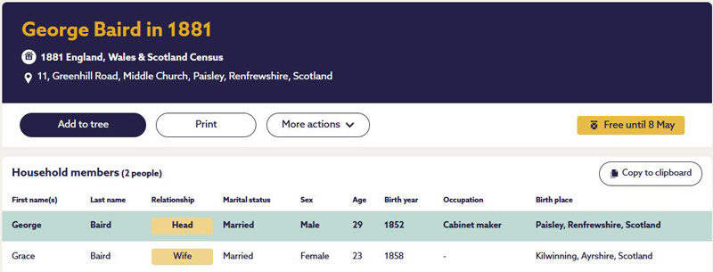 1881-04-03 CEN George Baird + Grace Baird or Aird, 11, Greenhill Road, Middle Church, Paisley [[N511-clip]]