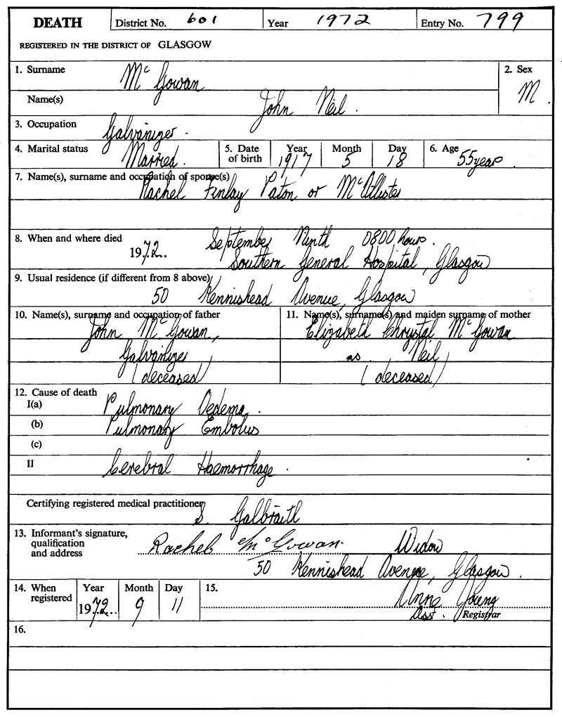 1972-09-09 DEA John Neil McGowan husband of Rachel Finlay Paton or McAllister, 50 Kennishead Ave, Glasgow [[N512-clip]]