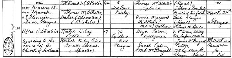 1930-03-19 MAR Rachel Finlay Paton + Thomas McAllister, 8 Glencairn Drive, Glasgow [[N514-clip]]