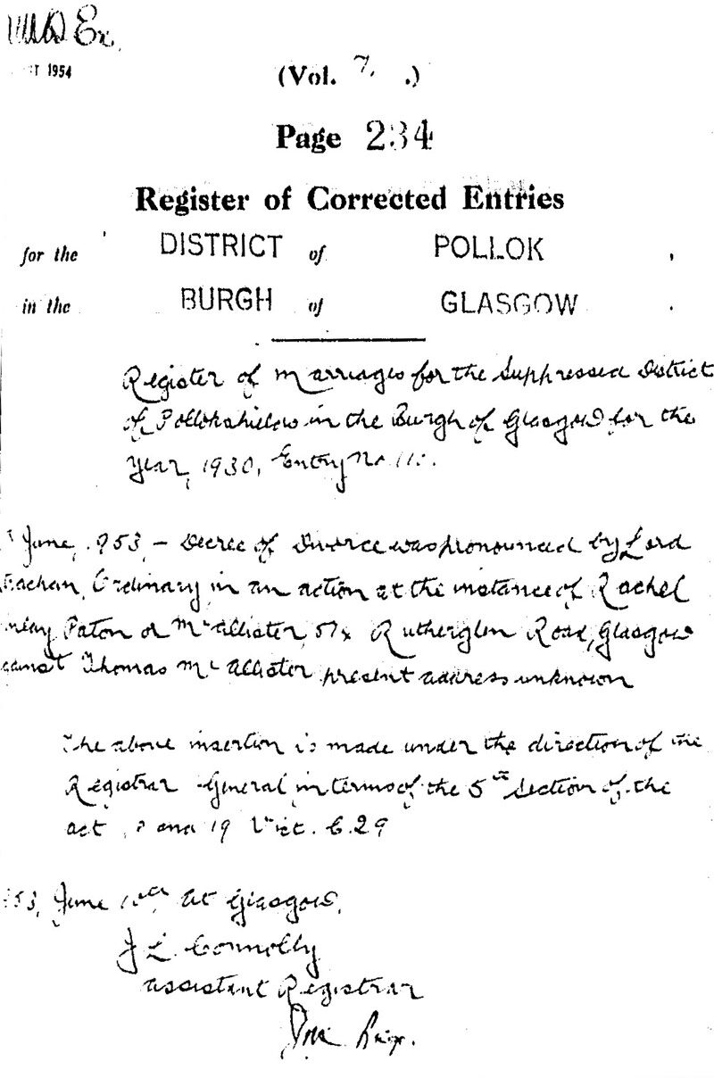 1953-06-10 DIV Rachel Finlay Paton + Thomas McAllister, Rutherglen Road, Glasgow [[N515-clip]]