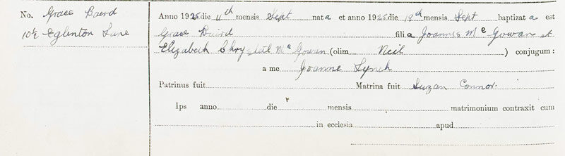 1925-09-11 BAP Grace Baird McGowan child of John Neil McGowan + Elizabeth Chrystal McGowan or Neil [[N517-clip]]