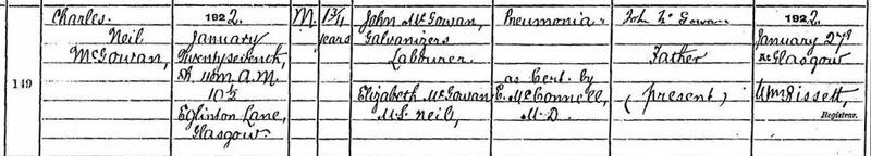 1922-01-27 DEA Charles Neil McGowan child of John Neil McGowan + Elizabeth Chrystal McGowan or Neil [[N521-clip]]