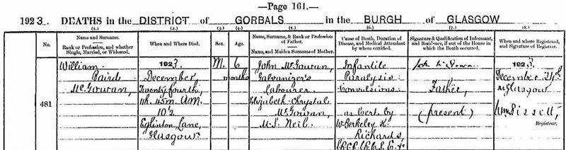 1923-12-24 DEA William Baird McGowan child of John Neil McGowan + Elizabeth Chrystal McGowan or Neil [[N522-clip]]