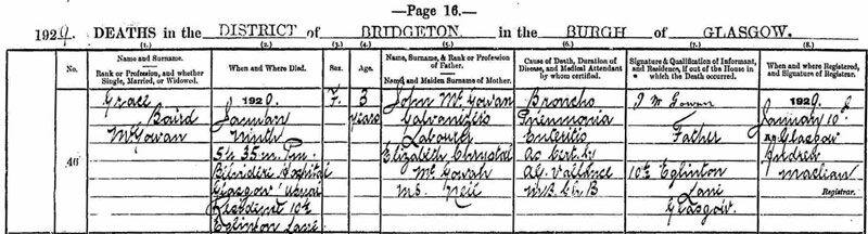 1929-01-09 DEA Grace Baird McGowan child of John Neil McGowan + Elizabeth Chrystal McGowan or Neil [[N523-clip]]