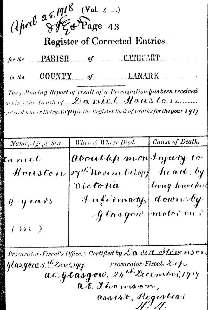 1917-11-27 RCE Daniel Houston adopted son of John McGowan + Grace Aird or Baird [[N532-clip]]