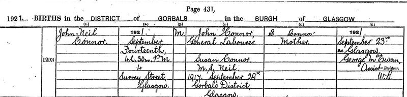 1921-09-14 BIR John Neil Connor child of Susan Logan Neil + John Connor, 4 Surrey Street [[N538-clip]]