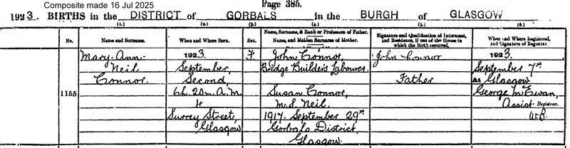 1923-09-02 BIR Mary Ann Neil Connor child of Susan Logan Neil + John Connor, 4 Surrey Street [[N539-clip]]
