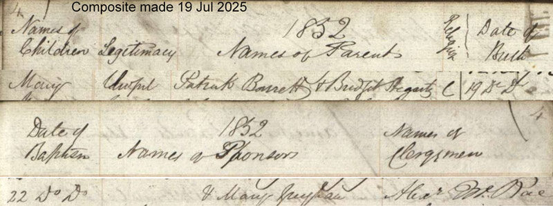 1852-02-19 BIR BAP Mary Barrett child of Patrick Barrett + Bridget Hegarty, St Andrew's Glasgow [[N324-clip]]