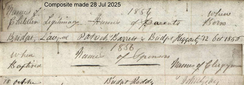 1856-10-18 BIR BAP Bridget Barrett child of Patrick Barrett + Bridget Heggarty, St Andrew's Glasgow [[N326-clip]]
