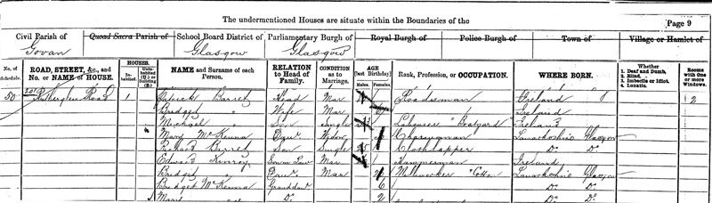 1881-04-03 CEN  Patrick Barrett + Bridget Haggerty, 201 Rutherglen Road, Govan, Glasgow, Lanarkshire, Scotland [[N547-clip]]