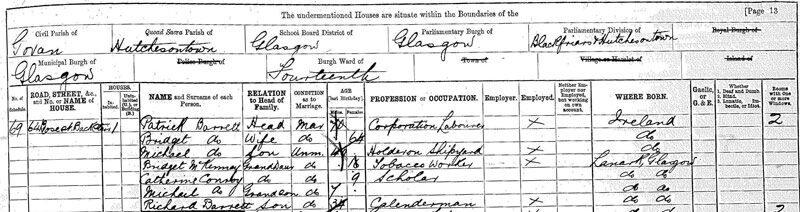 1891-04-05 CEN Patrick Barrett + Bridget Haggerty, Back Stair, 64 Rose Street, Hutchesontown, Glasgow [[N549-clip]]