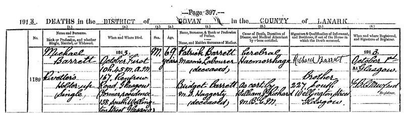 1913-10-01 DEA  Michael Barrett son of Patrick Barrett + Bridget Haggerty, 167 Renfrew Road - Govan Poorhouse [[N551-clip]]