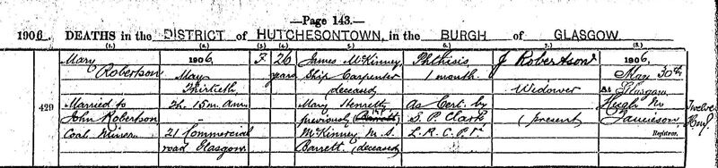 1906-05-13 DEA Mary Robertson or McKinney dau of James McKinney + Mary Barrett [[N555-clip]]