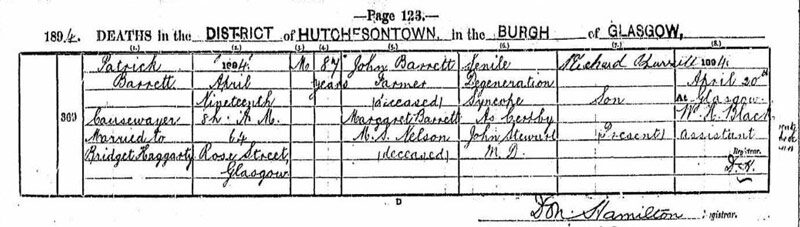 1894-04-19 DEA Patrick Barrett spouse of Bridget Haggerty, 64 Rose Street, Glasgow [[N558-clip]]