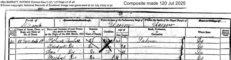 1851-03-30 CEN Patrick Barrett and Family 12 Goosedubs, St Enoch, Glasgow [[N544-clip]]