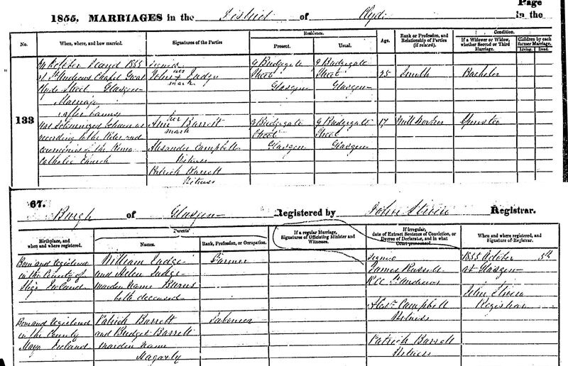 1855-10-02 MAR Ann Barrett child of Patrick Barrett + Bridget Haggerty + John Judge, St Andrew's Chapel [[N560-clip]]