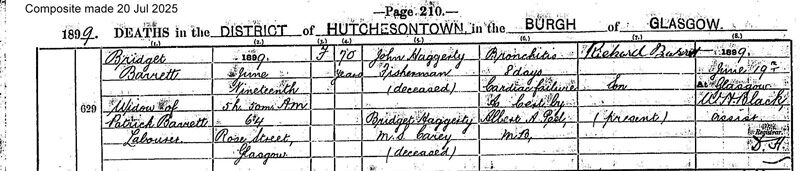 1899-06-19 DEA Bridget Barrett or Heggerty widow od Patrick Barrett, 64 Rose Street, Glasgow [[N561-clip]]