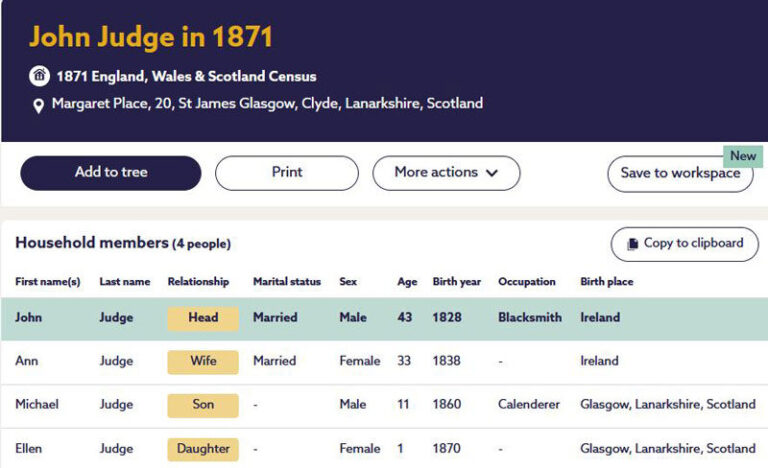 1871-04-02 CEN Ann Judge or Barrett,  20 Margaret Place, St James, Glasgow, Lanarkshire, Scotland [[N563-clip]]