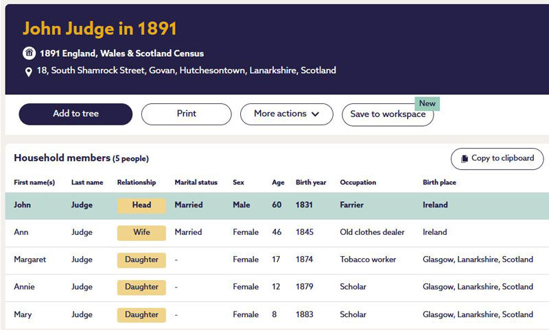 1891-04-05 CEN Ann Judge or Barrett and John Judge, 18 South Shamrock Street, Hutchesontown, Glasgow [[N565-clip]]