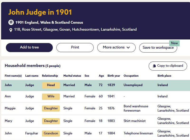 1901-03-31 CEN  Ann Judge or Barrett and John Judge, 118 Rose Street, Hutchesontown, Glasgow [[N567-clip]]