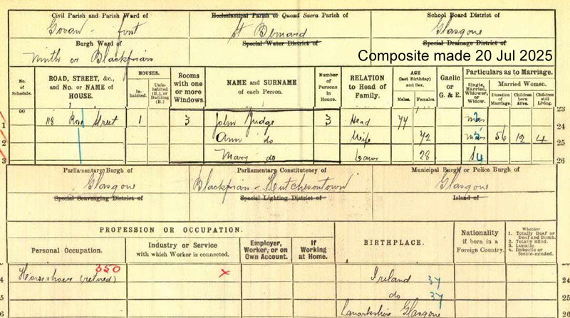1911-04-02 CEN Ann Judge or Barrett and John Judge, 118 Rose Street, Hutchesontown, Glasgow [[N568-clip]]