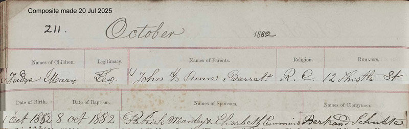 1882-10-01 BIR BAP Ann Judge child of  John Judge + Anne Barrett  [[N581-clip]]
