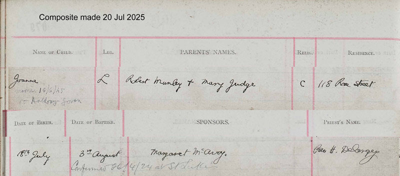 1913-07-18 BIR BAP Joanna Munley child of Robert Munley + Mary Judge [[N582-clip]]