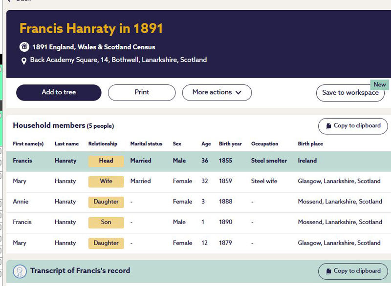 1891-04-05 CEN Francis Hanratty + Mary Barratt, 14 Back Academy Square, Bothwell [[N586-clip]]