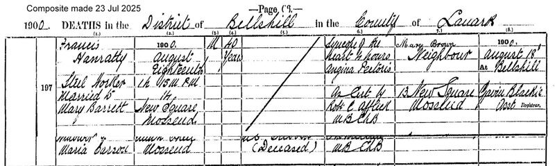 1900-08-18 DEA John Hanratty spouse of Mary Barrett, 14 New Square, Mossend [[N592-clip]]