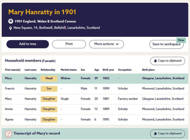 1901-03-31 CEN Mary Hanratty or Barrett, 14 New Square, Bellshill [[N595-clip]]