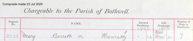 1905-11-14 POO Mary Hanratty or Barrett Poor Law Application, Bothwell [N596-clip]]