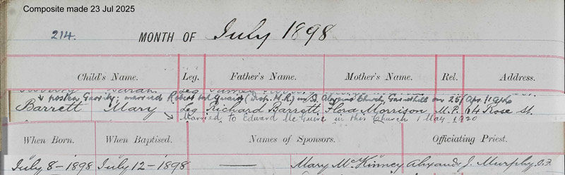 1898-07-08 BIR BAP Mary Barrett child of Richard Barrett + Flora Morrison [[N599-clip]]