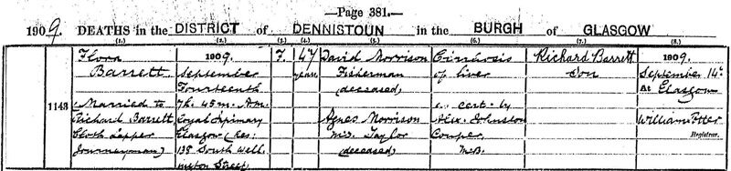 1909-09-14 DEA Flora Barrett or Morrison Royal Infirmary, (res) 138 South Well Street [[N603-clip]]