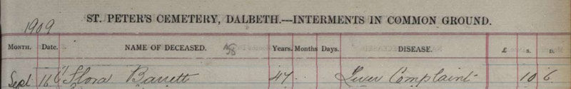 1909-09-16 BUR Flora Barrett or Morrison wife of Richard Barrett [[N604-clip]]