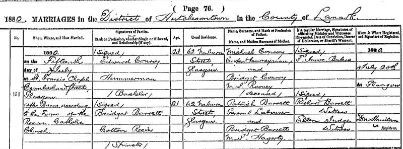 1880-07-15 MAR Bridget Barrett child of Patrick Barrett + Flora Morrison + Edward Conroy [[N606-clip]]