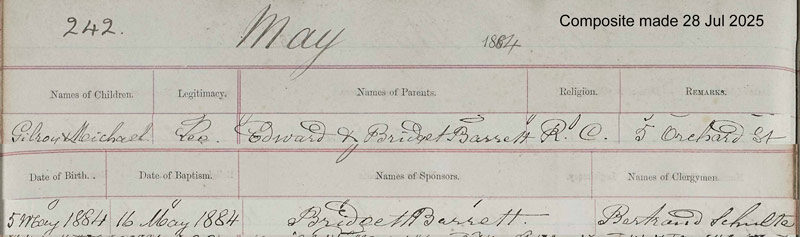 1882-05-05 BIR BAP Michael Conroy child of Bridget Barrett + Edward Conroy [[N608-clip]]