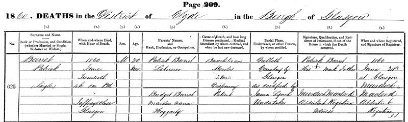 1860-06-20 DEA Patrick Barret child of Patrick Barrett + Bridget Haggerty [[N610-clip]]