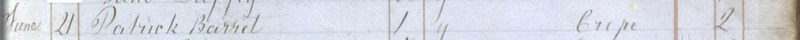 1860-06-21 BUR Patrick Barret child of Patrick Barrett + Bridget Haggerty [[N611-clip]]