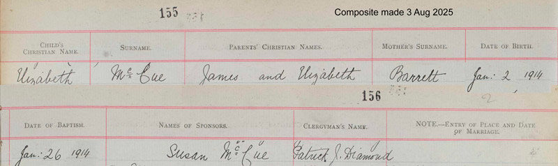 1914-01-02 BIR BAP Elizabeth McCue child of  Elizabeth Barrett +  John McCue [[N613-clip]]
