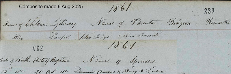 1861-10-13 BIR BAP Ellen Judge child of John Judge + Anne Barrett [[N616-clip]]