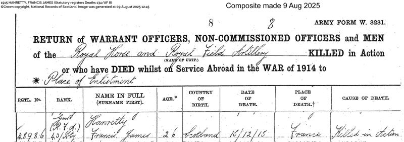 1915-12-15 DEA Francis James Hanretty child of Francis Hanratty + Mary Barrett or McKinney [[N624-clip]]