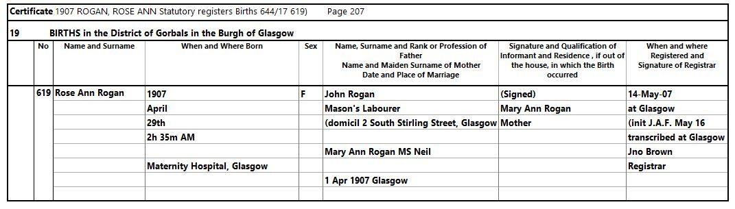 1907-04-29 BIR Rose Ann Rogan child of Mary Ann Neil + John Rogan [[N650]]