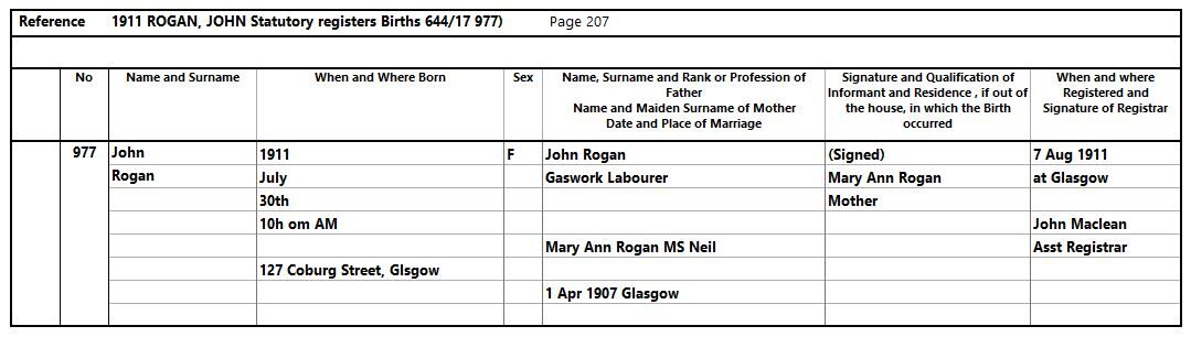 1911-07-30 BIR John Rogan child of John Rogan and Mary Anne Neil [[N654]]