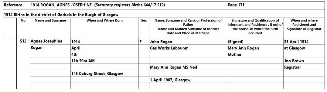 1914-04-04 BIR Agnes Josephine Rogan child of John Rogan and Mary Anne Neil [[N664]]
