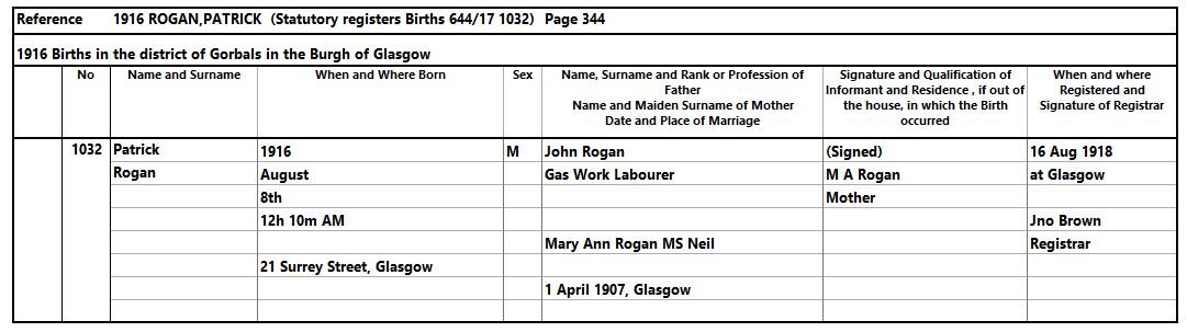 1916-08-08 BIR Patrick Rogan child of Mary Ann Neil + John Rogan [[N666]]