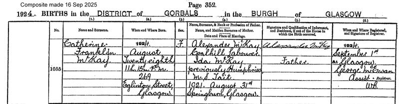 1924-08-28 BIR Catherine Franklin McKay child of Alexander McKay and Ida McKay or Humphreys MS Tait [[N669-clip]]