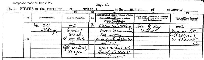 1922-01-02 BIR Ida Tait McKay child of Alexander McKay and Ida McKay or Humphreys MS Tait [[N670-clip]]